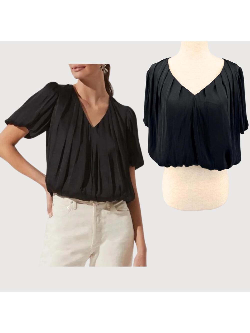 Revolve ASTR Satin Bubble Hem Blouse Black V Neck XS